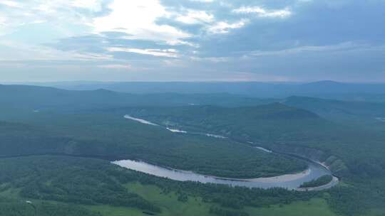 大兴安岭山川林海激流河风光视频素材模板下载