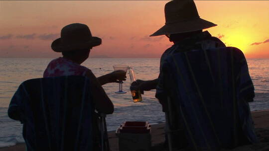 黄昏时分情侣在海滩上干杯