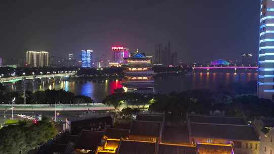 航拍广西南宁民生广场畅游阁夜景