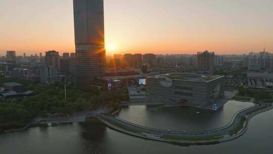 上海嘉定区嘉定新城日落黄昏傍晚城市风光视频素材模板下载