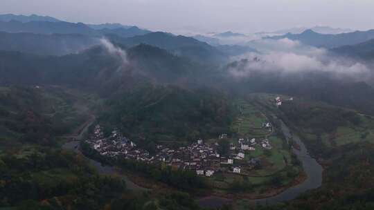 航拍安徽徽州皖南群山云海河流仙境云端村落