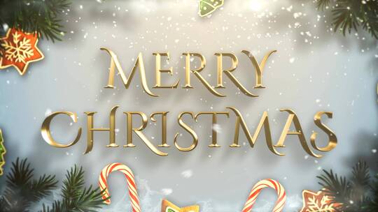 4K动画特写圣诞快乐文本绿色树枝和雪花飘落背景