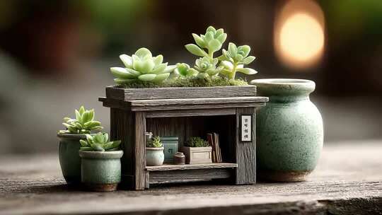 盆栽多肉植物与木质微缩景观和谐共生
