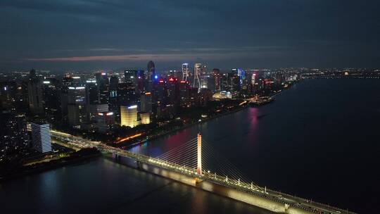 航拍中国浙江杭州钱塘江两岸CBD夜景建筑