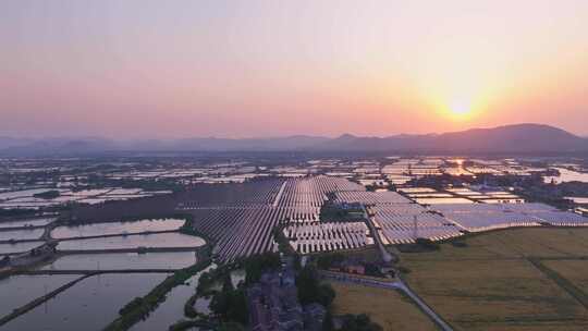 夕阳下的光伏太阳能发电站