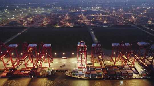 航拍中国上海货物集装箱码头夜景