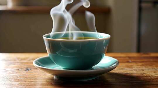 木桌上热气腾腾的茶杯