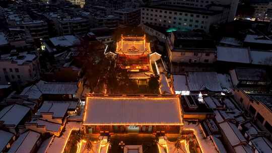 冬天南京夫子庙的雪景夜景航拍风光视频素材模板下载