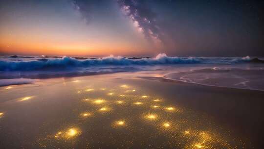 海边星空下闪烁的沙滩夜景