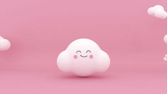 一个可爱的3d云与笑脸弹跳和漂亮的云出现