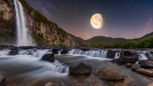 月夜下的山间瀑布景观