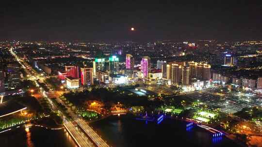 扬州西区明月湖大桥京华城商圈夜景灯光航拍