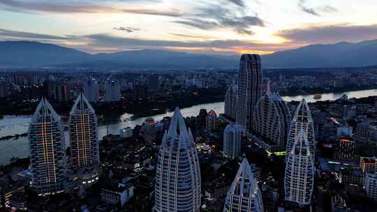 云南西双版纳傣族星光夜市建筑群高空航拍