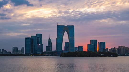 江苏苏州金鸡湖东方之门夕阳晚霞延时摄影