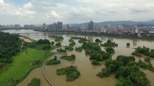 陕西汉中市汉江城市公园天际线风光航拍