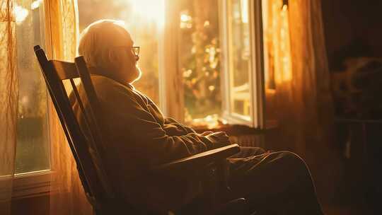 老人坐摇椅窗边静望