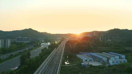 重庆城市轨道交通城市晚霞航拍