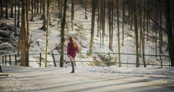 女人，雪，徒步旅行，格子衬衫