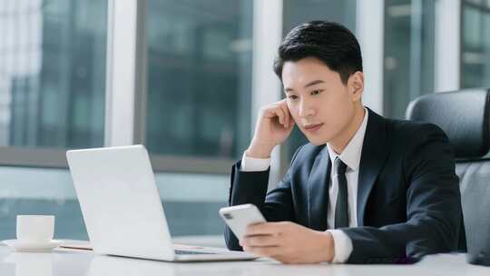 商务人士办公室使用手机电脑