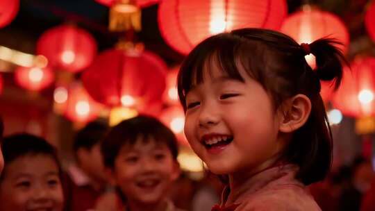 孩童在红灯笼下欢笑场景