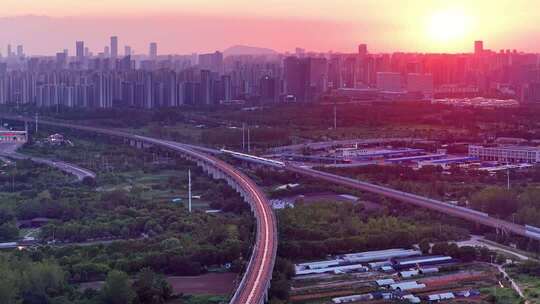 高铁动车货车逆光航拍