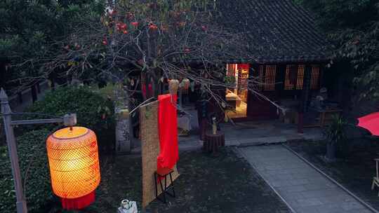 中式庭院 柿子树 夜景 灯笼 节日