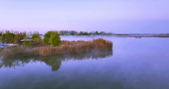 航拍湿地公园晨雾