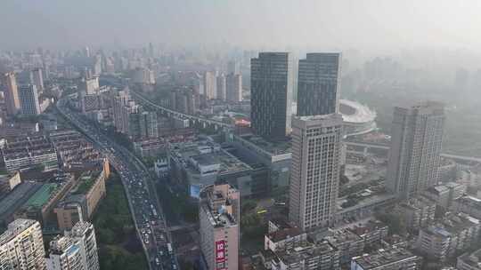 上海内环高架清晨早高峰航拍