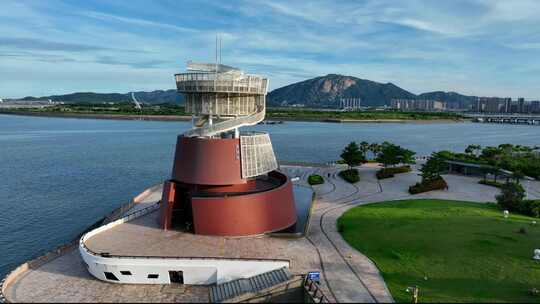 航拍福建厦门湾漳州港海岸线海错馆风光