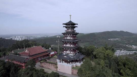 高清航拍眉山彭祖山自然风光塔