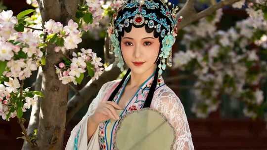 京剧花旦在春天盛开的树下思念