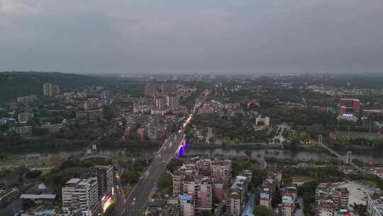 航拍四川自贡城市夜幕晚霞