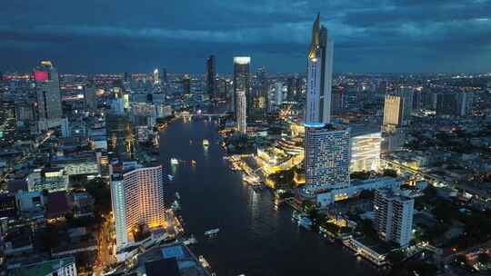 泰国航拍曼谷湄南河CBD城市高楼繁华夜景