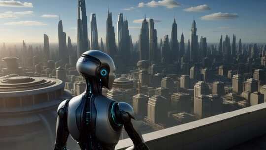 机器人眺望未来城市景观