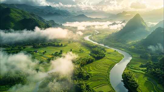 桂林山水桂林风光桂林航拍风光风景日落ai