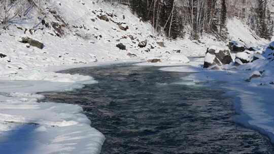 被冰雪覆盖的山间河流景象