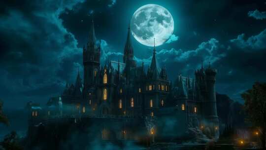 【4K高清】夜晚满月下的神秘城堡