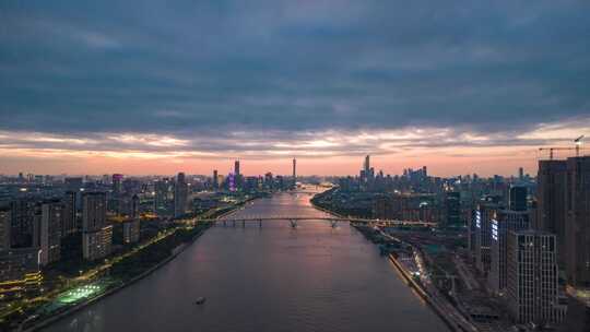 广州城市夕阳晚霞夜幕降临航拍延时4K