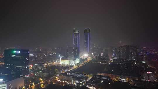 浙江湖州城市夜景航拍