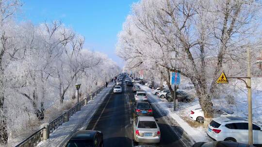 航拍吉林道路旁雾凇