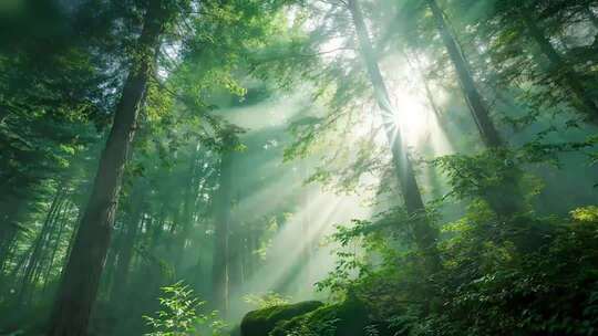 森林山脉树云雾瀑布溪流风景