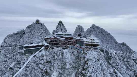 河南老君山冬季雪后云海大气航拍