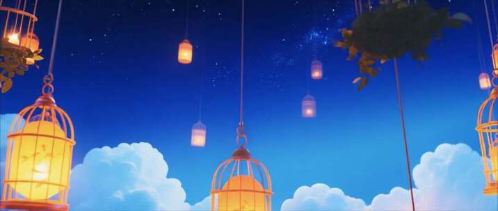 夜空下悬挂的发光鸟笼背景