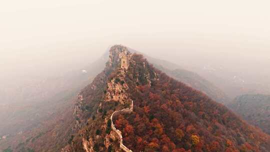 北京秋天司马台长城群山红叶大气航拍