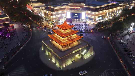 甘肃省酒泉市钟鼓楼城市地标建筑夜景风光