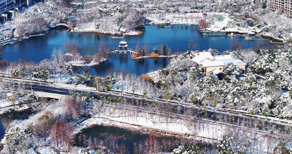 4k长沙洋湖湿地公园雪景航拍