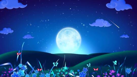 唯美夜景月色月亮小山流星蝴蝶梦幻背景视频素材模板下载