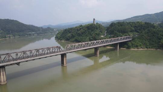 航拍湖南黔阳古城沅江铁路桥