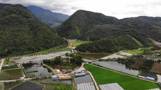 山区农村依山傍水农家鱼塘小院航拍