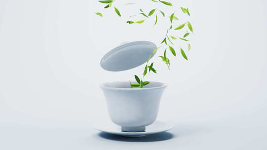 中国风茶壶茶杯与茶叶三维渲染